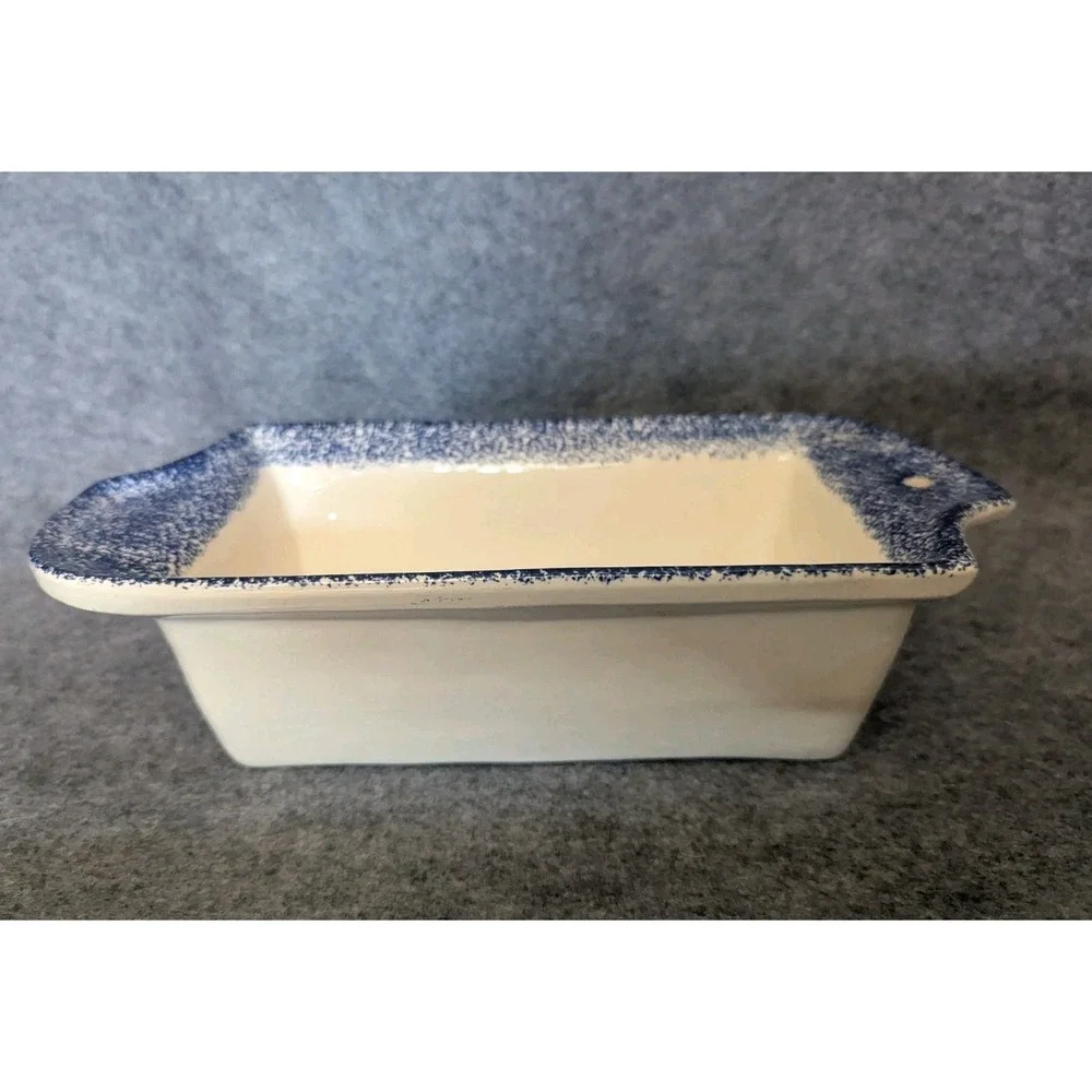 Vtg Flat Earth Pottery Blue Sponge Design Baking Loaf Pan 3.5x7.0x2.0(Inner)